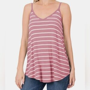 New Zenana Striped Curved Hem Cami Tanktop Lt Rose/ivory Plus Sizes
